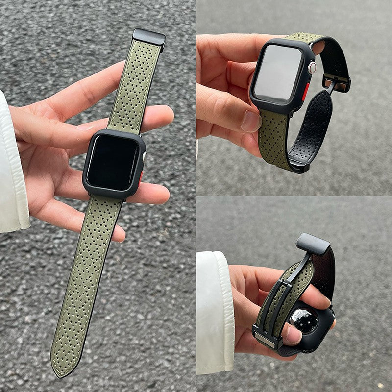 For Apple Watch Series 9 8 7 41mm / 6 5 4 SE (2022) SE (2023) SE 40mm / 3 2 1 38mm Hollow Magnetic Watch Band Genuine Cow Leather Strap - Army Green For Apple Watch Series 9 8 7 41mm / 6 5 4 SE (2022) SE (2023) SE 40mm / 3 2 1 38mm Hollow Magnetic Watch Band Genuine Cow Leather Strap - Army Green
